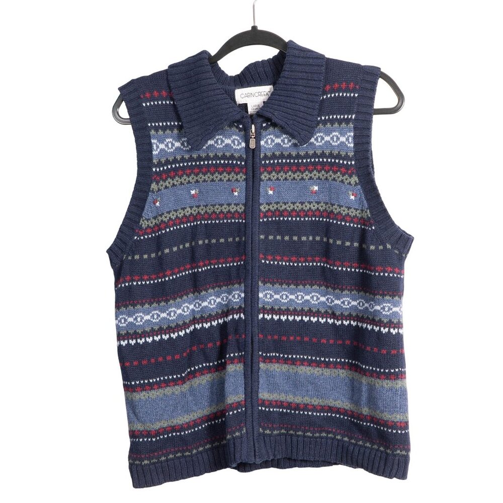 Cabin Creek Fair Isle Sweater Vest L 90s Full Zip Blue Green Cottagecore Momcore